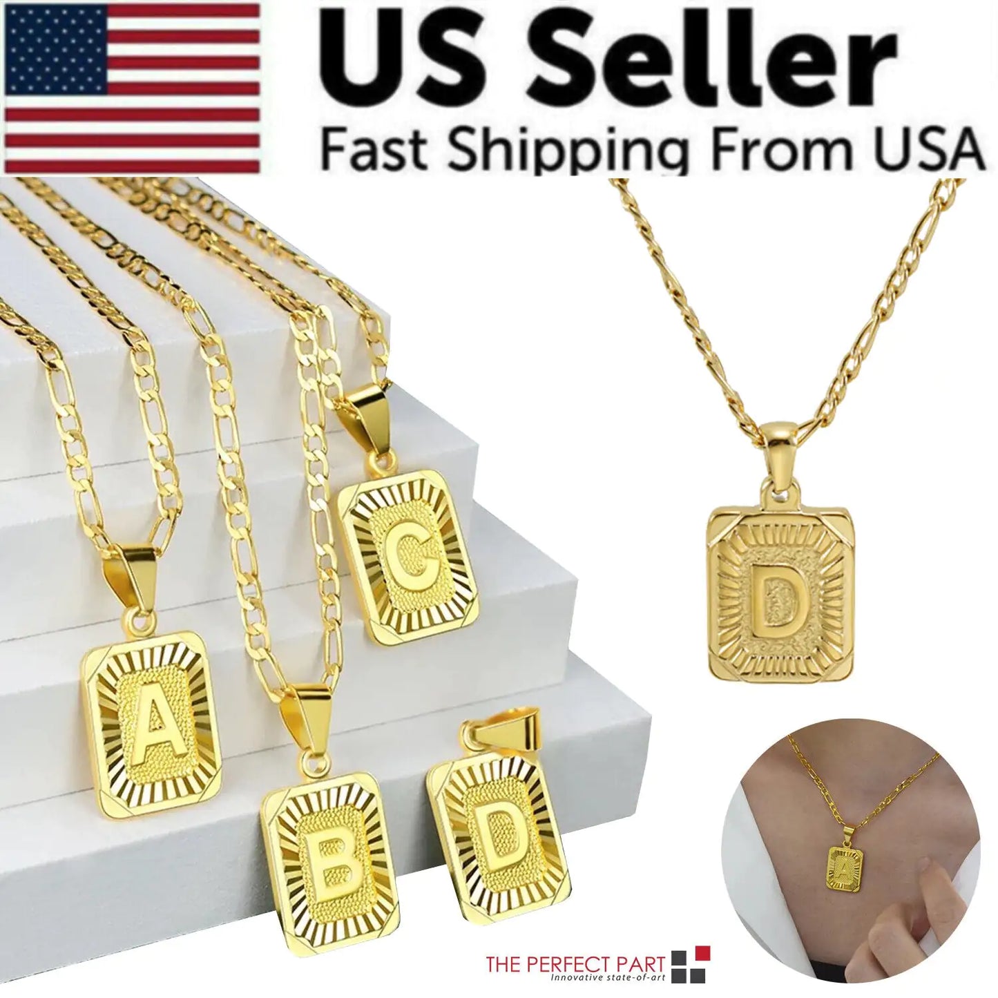 18" Gold Plated Initial Letter Pendant Necklace Stainless Steel Figaro Chain