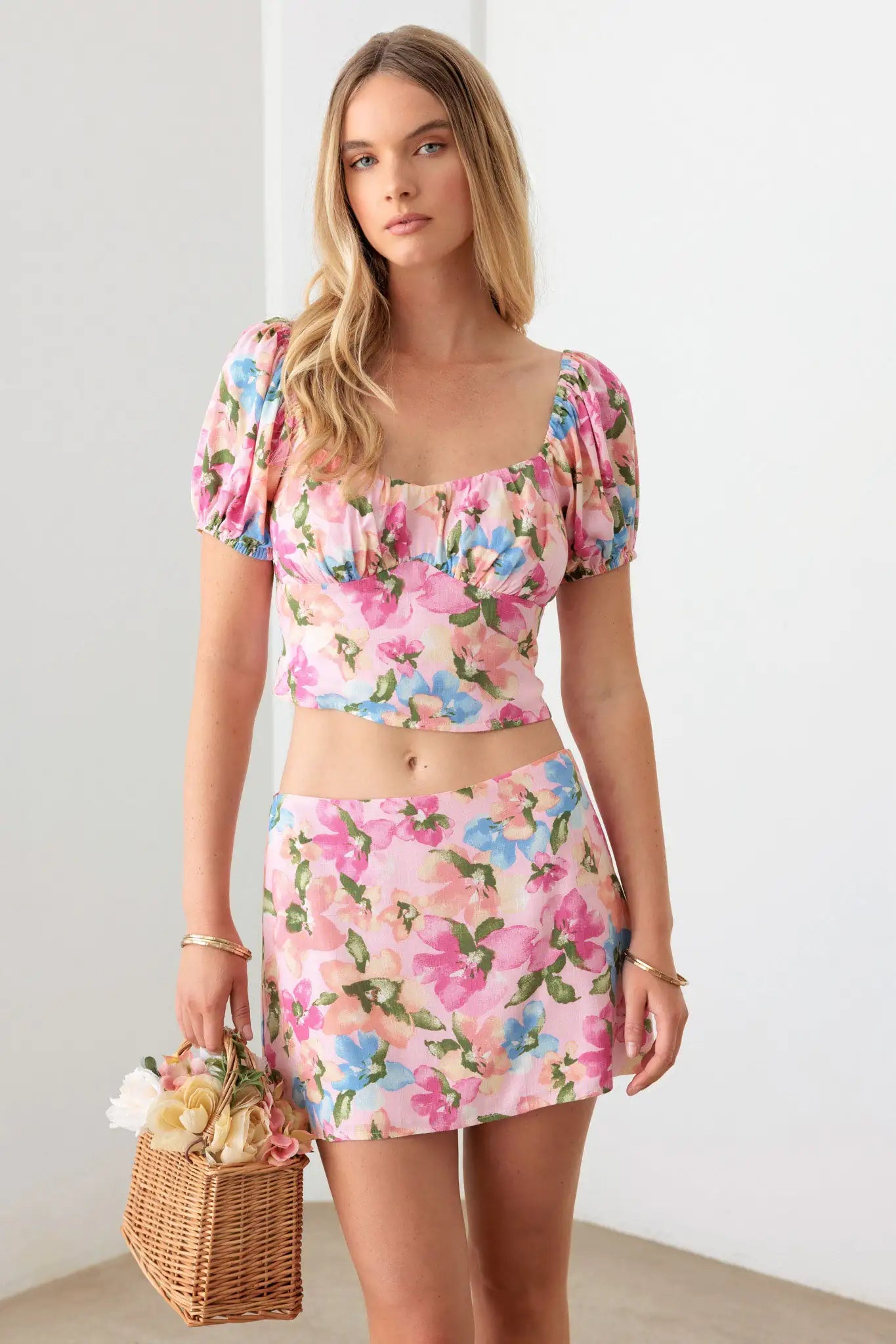 Floral Bustier Puff Sleeve Crop Top & Mini Skirt Set