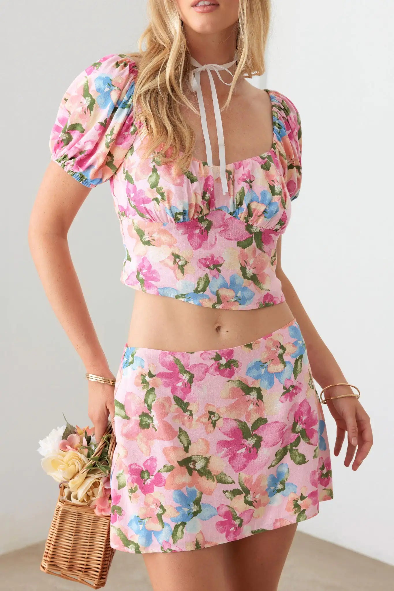 Floral Bustier Puff Sleeve Crop Top & Mini Skirt Set