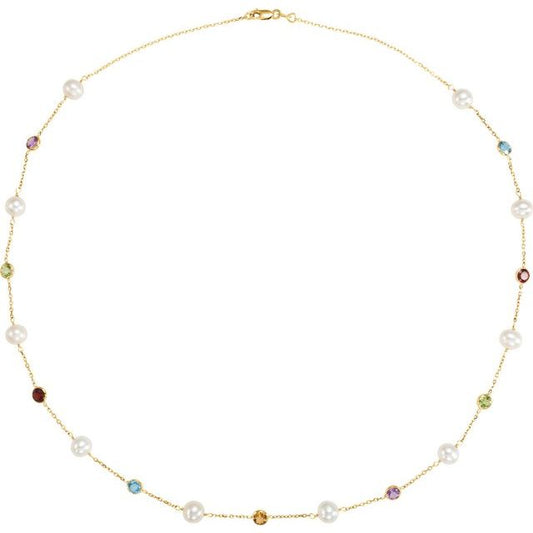 14K Yellow Cultured Freshwater Pearl & Multi-Gemstone 10-Station 18" Necklace