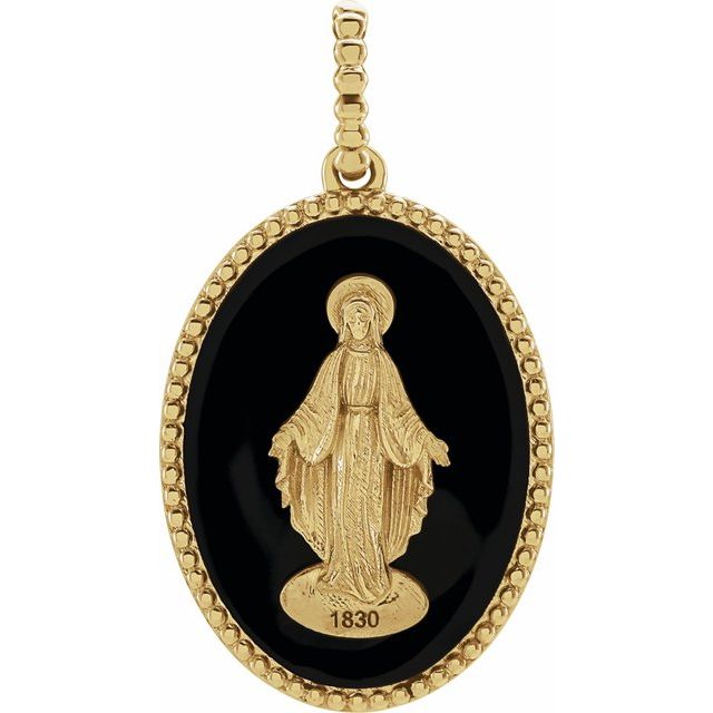 14K Yellow/White/Rose Gold | Sterling Silver 22x15.1 mm Black/White Enameled Miraculous Medal