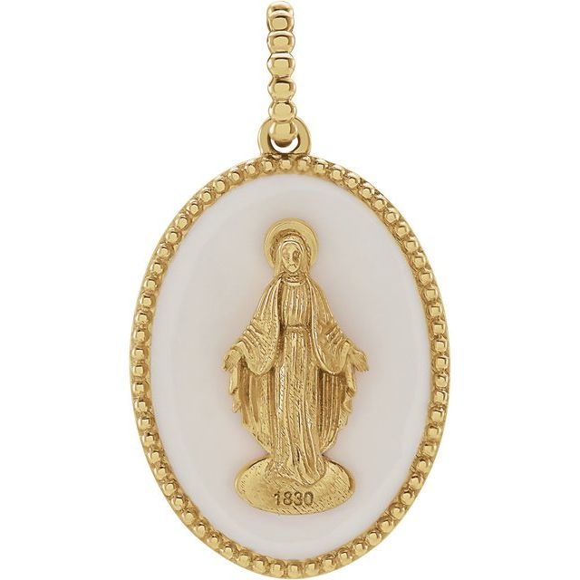 14K Yellow/White/Rose Gold | Sterling Silver 22x15.1 mm Black/White Enameled Miraculous Medal