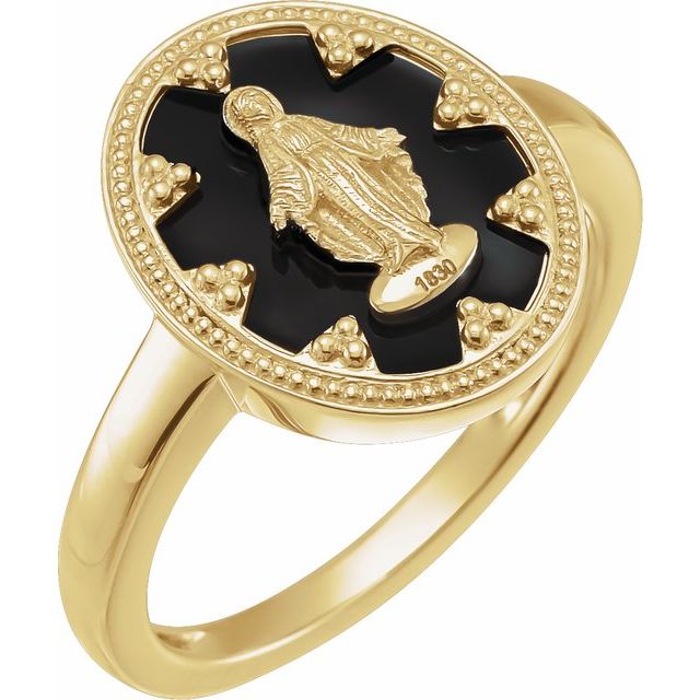 14K Yellow Oval Black/White Enamel Miraculous Medal Ring