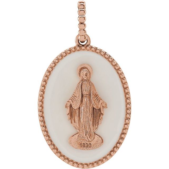 14K Yellow/White/Rose Gold | Sterling Silver 22x15.1 mm Black/White Enameled Miraculous Medal