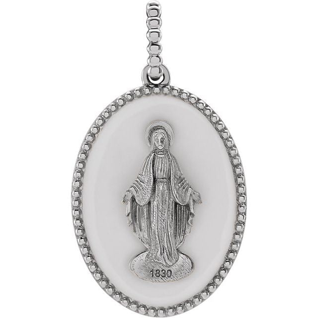 14K Yellow/White/Rose Gold | Sterling Silver 22x15.1 mm Black/White Enameled Miraculous Medal