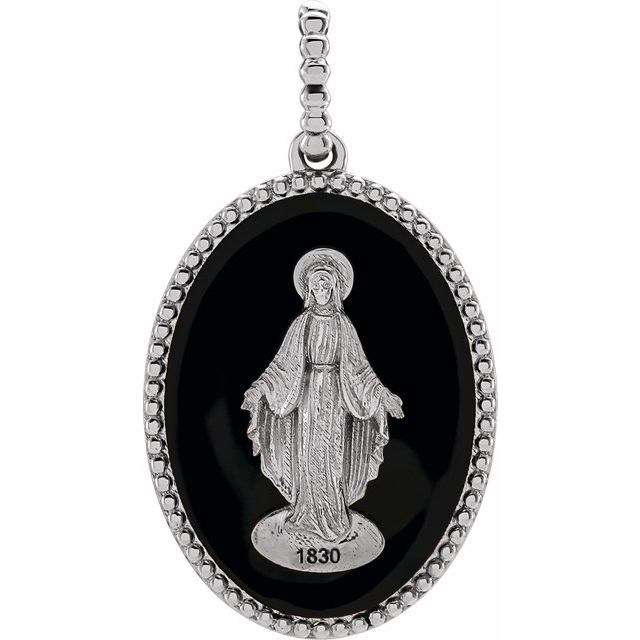 14K Yellow/White/Rose Gold | Sterling Silver 22x15.1 mm Black/White Enameled Miraculous Medal