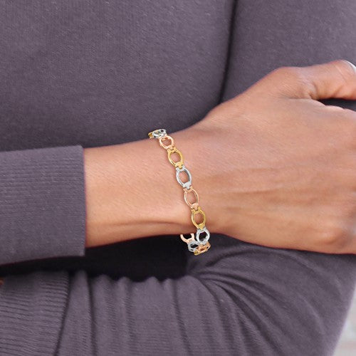 14K Tri-color Polished and Satin Link Bracelet